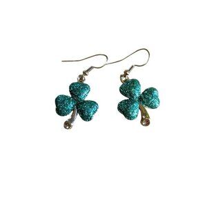 Green Glitter Clover Earrings St. Patricks Pattys Day Dangle Small St Pattys Day